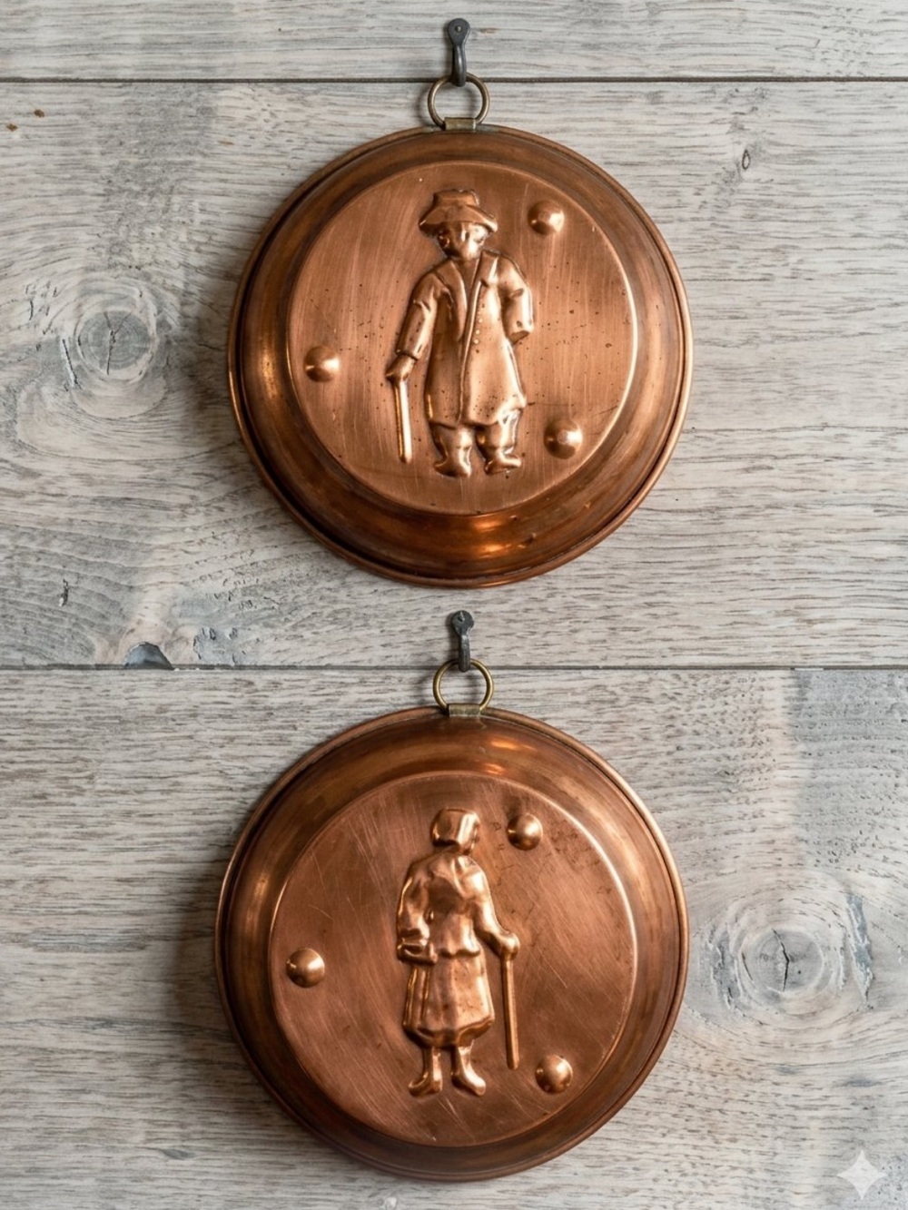 Vintage Copper Wall Molds with Walking Figure Motif (Pair). Scandinavian